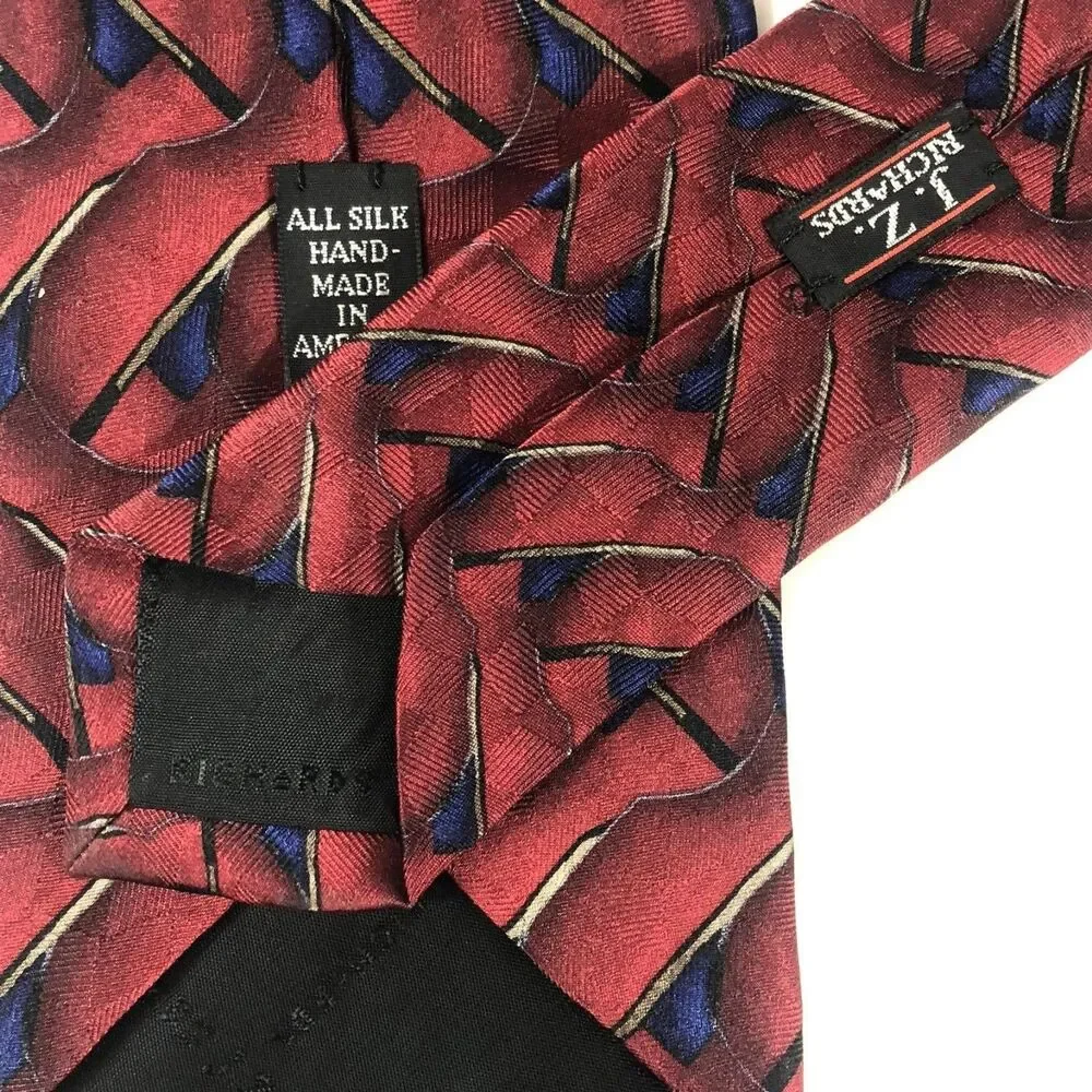 J.Z. Richards Parisian Silk Tie Geometric Foulard Hand Made USA Burgundy